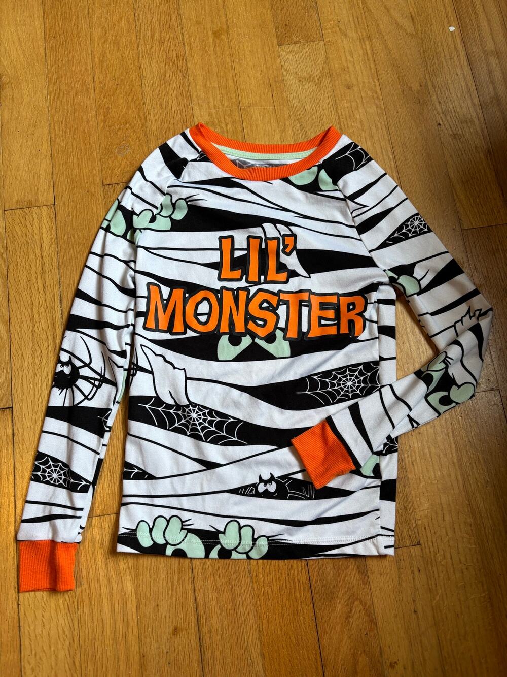 Kids Size 8 Spiderweb Pajama Top ,orange collar, spooky, comfy.